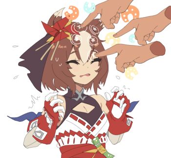 1girl animal_ears archives.gokulism bare_shoulders cleavage_cutout closed_eyes clothing_cutout commentary disembodied_hand flying_sweatdrops gloves hair_between_eyes hair_ornament hands_up highres horse_ears horse_girl pinwheel pinwheel_hair_ornament poking red_gloves simple_background solo_focus umamusume upper_body white_background yaeno_muteki_(blazed_head_covered_fists)_(umamusume) yaeno_muteki_(umamusume)