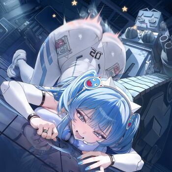 Rule 34 | 1girl, 1other, all fours, alternate costume, angry, ass, ass shake, blue eyes, blue hair, blush, bodysuit, breast press, breasts, goddess of victory: nikke, headset, jiggle, long hair, mecha shifty (nikke), open mouth, shifty (nikke), spanked, spanking, top-down bottom-up, very long hair