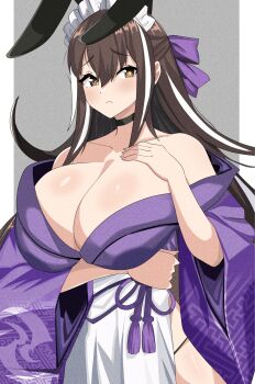 1girl apron bare_shoulders black_hair bow breasts brown_eyes choker cleavage fate/grand_order fate_(series) hair_bow highres huge_breasts japanese_clothes kawakami_gensai_(fate) kawakami_gensai_(second_ascension)_(fate) kimono long_hair long_sleeves looking_at_viewer maid_headdress multicolored_hair off_shoulder purple_kimono puti_tomato19 sidelocks solo streaked_hair white_apron white_hair wide_sleeves