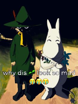 2boys 306liri ^_^ brown_hair closed_eyes coat crying_emoji emoji english_text eyes_in_shadow face_in_shadow flower full_body glaring grass green_coat green_hat hat hat_feather highres holding holding_flower long_sleeves looking_at_viewer male_focus meme moomin moomintroll multiple_boys night outdoors pointy_hat scarf shade shaded_face shadow short_hair snufkin standing why_dis_ninja_look_so_mad_(meme) yellow_scarf