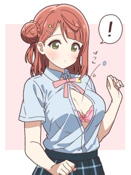 ! 1girl blunt_bangs bow bow_bra bra bra_peek braid breasts brown_hair bun_with_braided_base collared_shirt green_skirt hair_bun hair_ornament hairclip light_blush looking_down love_live! love_live!_nijigasaki_high_school_idol_club medium_breasts medium_hair mukiryoku_bato nijigasaki_school_uniform pink_bra plaid_clothes plaid_skirt popped_button school_uniform shirt short_sleeves single_side_bun skirt summer_uniform uehara_ayumu underwear upper_body white_shirt yellow_eyes