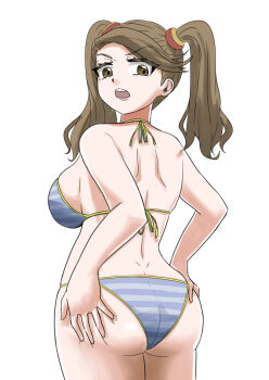 1girl artist_request ass ass_grab bare_shoulders bikini blush breasts brown_eyes brown_hair butt_crack deep_skin from_behind gundam gundam_build_fighters gundam_build_fighters_try highres huge_ass large_breasts long_hair looking_back looking_down open_mouth sazaki_kaoruko shiny_clothes shiny_skin sideboob solo swimsuit twintails