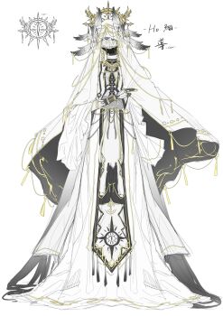 1girl absurdly_long_hair angel_wings black_hair black_skin black_veil bracelet claw_ring colored_skin covered_face dress eye_print eye_symbol facing_viewer full_body gold_bracelet gold_necklace gradient_wings grey_wings halo hand_chains head_wings highres jewelry long_dress long_hair multicolored_skin multicolored_wings necklace original pelvic_curtain piercing simple_background solo spiked_halo standing tassel two-sided_veil two-tone_skin veil veil_over_eyes very_long_hair white_background white_dress white_skin white_veil wing_piercing winged_halo wings wiz-trpg yellow_halo