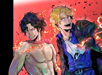 Rule 34 | 2boys, abs, ascot, black coat, black hair, blonde hair, brothers, coat, fire, freckles, jewelry, light particles, male focus, multiple boys, necklace, one piece, pearl necklace, portgas d. ace, sabo (one piece), scar, scar on face, shiraumi8351, siblings, smile, topless male, upper body, white ascot