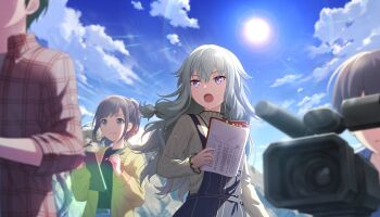 2boys 2girls :o black_hair black_shirt blue_sky book brown_shirt camera cardigan cloud colorful_palette game_cg green_hair grey_eyes grey_hair hair_between_eyes highres holding holding_book kusanagi_nene multiple_boys multiple_girls official_art open_cardigan open_clothes open_mouth out_of_frame ponytail project_sekai purple_eyes saikou_no_crank_up!_(project_sekai) shirt sky sun third-party_source tongue yellow_cardigan