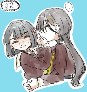 ... 2girls ^_^ black_hair blue_background blunt_bangs blunt_ends blush bob_cut brown_dress closed_eyes closed_mouth commentary covering_another&#039;s_mouth cropped_torso dress flower flower_knot grey_hair hair_flower hair_ornament hand_over_another&#039;s_mouth hasu_no_sora_school_uniform highres katsuragi_izumi link!_like!_love_live! long_hair long_sleeves looking_at_another love_live! momose_ginko multiple_girls neckerchief nose_blush outline profile puripuri_hurai resisting sailor_collar sailor_dress school_uniform short_hair simple_background speech_bubble spoken_ellipsis sweatdrop translation_request triangle_hair_ornament turtleneck virtual_youtuber white_flower white_outline white_sailor_collar winter_uniform yellow_neckerchief yuri