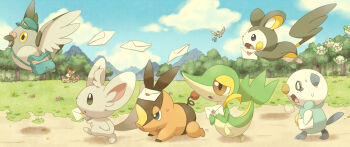 10s bag blue_sky cloud cottonee day deer deerling deerling_(spring) emolga envelope flying forest gen_5_pokemon grass hat mailbag minccino mountain mugita_konomi nature nintendo no_humans open_mouth oshawott outdoors pidove pokemon pokemon_(creature) pokemon_bw red_eyes running sky snivy starter starter_pokemon_trio tepig tree walking yellow_eyes