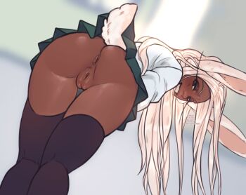 1girl animal_ears anus black_thighhighs boku_no_hero_academia dark-skinned_female dark_skin green_skirt highres long_hair looking_at_viewer looking_back mirko no_panties pussy rabbit_ears rabbit_girl rabbit_tail school_uniform skirt smile solo spacenipnops tail thighhighs thighs white_hair