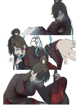 black_hair black_hanfu black_nails blood blood_on_clothes breasts chinese_clothes closed_eyes hair_bun hair_over_one_eye hand_fan hanfu heiya_desu high_ponytail highres holding holding_fan limbus_company long_hair long_sleeves medium_breasts multicolored_hair nervous_sweating ponytail project_moon red_streaks rope_belt simple_background steam streaked_hair sweat teeth tentacles translation_request veins white_background wide_sleeves xiao_guan_(headdress) zigong_(project_moon)