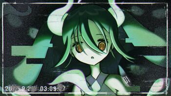 1girl :o character_request commentary_request dark_background dated expressionless eyes_in_shadow fake_video film_grain floating_hair floating_neckwear ghost_miku_(project_voltage) glitch green_theme grey_shirt hair_ornament hatsune_miku highres hitodama horror_(theme) long_hair looking_at_viewer necktie nintendo pale_skin pokemon portrait project_voltage shirt sleeveless sleeveless_shirt solo static twintails viewfinder vocaloid wispy_bangs yellow_eyes yushima_(ysm2253)