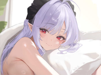 1girl armpit_crease blurry blurry_background blush breasts closed_mouth commentary_request headdress highres hugging_object indoors large_breasts looking_at_viewer mole mole_under_eye on_bed pillow pillow_hug pointy_ears pov_across_bed purple_hair red_eyes sihana156 smile solo under_covers vivian_banshee zenless_zone_zero