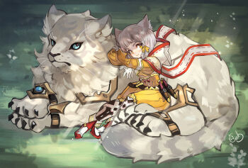Rule 34 | 1girl, alpaca carlesi, animal ears, cat ears, claws, commentary, dromarch (xenoblade), english commentary, looking at viewer, nia (xenoblade), pants, shirt, signature, sitting, sitting on animal, smile, tiger, whiskers, white fur, xenoblade chronicles (series), xenoblade chronicles 2, yellow pants, yellow shirt