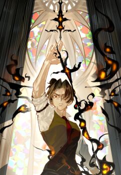 >:( 1girl absurdres angry arm_belt arm_up backlighting black_hair brown_vest column curtained_hair fire high_ponytail highres holding holding_sword holding_weapon indoors lee_jihye looking_at_viewer mrjieshisu muscular muscular_female necktie omniscient_reader's_viewpoint pillar ponytail red_eyes red_necktie serious shirt sleeves_rolled_up stained_glass summoning swirl sword upper_body v-shaped_eyebrows vest weapon white_shirt