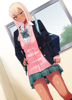 1girl aqua_bow aqua_bowtie aqua_eyes aqua_skirt arm_at_side bag black_jacket black_nails blazer blonde_hair blue_bag blush bow bowtie breasts cardigan clenched_hand closed_mouth collared_shirt commentary_request dark-skinned_female dark_skin day diaper dutch_angle feet_out_of_frame fingernails ganguro gyaru hand_on_own_hip indoors jacket kogal lapels layered_sleeves long_fingernails long_hair long_sleeves looking_at_viewer medium_breasts nail_art notched_lapels open_clothes open_jacket original pink_cardigan plaid_bow plaid_bowtie plaid_clothes plaid_skirt pleated_skirt school_bag school_uniform shirt shoulder_bag skirt solo standing tan tsuttsu white_shirt window