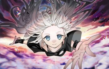 1girl asu_no_yozora_shoukaihan_(vocaloid) black_shirt blue_eyes braid commentary_request flying highres ia_(vocaloid) long_hair open_hand reaching reaching_towards_viewer shirt side_braid smile solo soyaka vocaloid white_hair