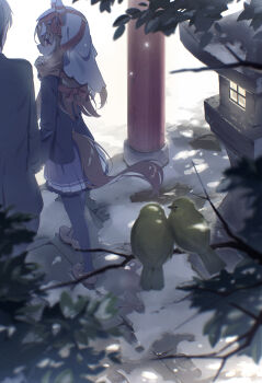 1girl 1other absurdres animal_ears auklet5580 bird brown_hair brown_shoes commentary_request footprints highres holding_hands horse_ears horse_girl horse_tail lantern long_hair outdoors pleated_skirt purple_skirt school_uniform shoes skirt snow still_in_love_(umamusume) stone_lantern tail tracen_school_uniform tree umamusume