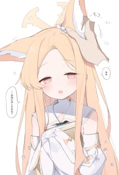 1girl :o animal_ear_fluff animal_ears armpit_crease blonde_hair blue_archive blue_necktie blush book bow breasts bright_pupils collared_dress cross_halo detached_sleeves disembodied_hand dot_nose dress flower forehead fox_ears fox_girl gold_trim hair_flower hair_ornament halo hand_on_another&#039;s_ear hand_up highres holding holding_book long_hair long_sidelocks long_sleeves looking_at_viewer necktie open_mouth orange_bow parted_bangs pink_eyes puffy_long_sleeves puffy_sleeves raised_eyebrows seia_(blue_archive) sidelocks simple_background single_ear_down sleeveless sleeveless_dress sleeves_past_fingers sleeves_past_wrists small_breasts solo speech_bubble standing straight_hair tntl_nemui translated upper_body white_background white_bow white_dress white_flower white_pupils white_sleeves yellow_halo