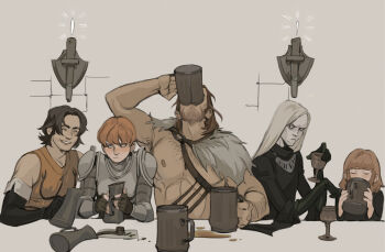 2girls 3boys :d ^_^ abs alcohol arm_hair arm_on_table arm_up armor armpit_hair armpits awetfrog barbarian bare_arms bare_pectorals bare_shoulders beard beer_mug black_dress black_eyes black_gloves black_robe blonde_hair blush bowl_cut bracer breastplate brown_gloves brown_hair cahara_(fear_&amp;_hunger) cape capelet chalice chest_belt chest_hair chest_harness chest_strap child chugging cloak closed_eyes closed_mouth cuirass cup d&#039;arce_(fear_&amp;_hunger) dress drinking drinking_glass elbow_gloves elbow_on_table elbows_on_table embarrassed enki_(fear_&amp;_hunger) facial_hair fear_&amp;_hunger_(series) fear_&amp;_hunger_1 fingerless_gloves fold-over_gloves frown fur_cape fur_capelet fur_cloak furrowed_brow gloves gorget green_gloves harness highres holding holding_cup holding_pitcher indoors jewelry knight large_pectorals long_hair long_sleeves looking_at_another looking_to_the_side mature_male medium_hair mug multiple_boys multiple_girls muscular muscular_male necklace nipples no_shirt nose_blush open_mouth opium opium_pipe orange_hair orange_shirt oversized_object pauldrons pectorals pelt pitcher_(container) plate_armor priest ragnvaldr_(fear_&amp;_hunger) red_hair rerebrace robe sconce shirt short_hair shoulder_armor sideburns simple_background sitting sleeveless smile smoking_pipe spill stomach table tankard the_girl_(fear_&amp;_hunger) topless_male torch turtleneck underage_drinking very_short_hair warrior white_background wide_sleeves