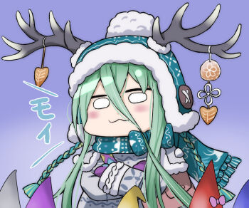 1girl antler_ornament antlers bag beanie blank_eyes blush commentary_request crossed_arms deformed fate/grand_order fate_(series) gnome_hat green_hair green_hat green_scarf grey_sweater hair_between_eyes hat horns horns_through_headwear long_hair long_hair_between_eyes long_sidelocks long_sleeves louhi_(fate) louhi_(second_ascension)_(fate) mittens pom_pom_(clothes) pom_pom_beanie purple_background purple_mittens scarf shikanoko_nokonoko_koshitantan shoulder_bag sidelocks sotomichi sweater translation_request very_long_hair