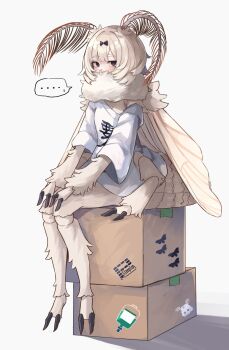 ... 1girl abdomen_tail antennae arthropod_girl arthropod_limbs black_bow black_eyes blush bow box cardboard_box compound_eyes covered_mouth extra_arms fewer_digits hair_bow highres insect_girl insect_wings kaiko-chan_(planhaplalan) kumano_plan looking_at_viewer monster_girl moth_antennae moth_girl moth_wings multiple_legs neck_fur on_box original shirt short_hair simple_background sitting sitting_on_box sitting_on_object solo speech_bubble spoken_ellipsis white_background white_shirt wings
