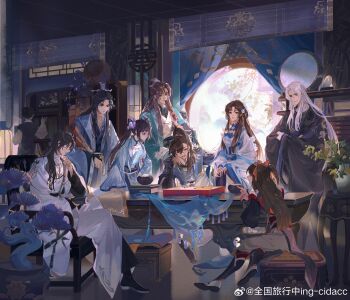 3girls 6+boys ;d absurdres ahoge aoqun aqua_coat architecture armchair bai_ruier bamboo_screen bamboo_slips black_boots black_coat black_hair black_hanfu black_pants black_robe black_sash blue_collar blue_hanfu blue_jacket blue_robe blue_shawl blunt_bangs board_game book book_stack bookshelf boots brown_eyes brown_hair cao_xiaoyue chair changmingsuo chinese_clothes chinese_commentary closed_mouth coat collar cowboy_shot crossed_arms crossed_bangs curtained_hair curtains daxiushan day drawer dress east_asian_architecture expressionless flower folded_fan folding_fan full_body go_(board_game) grey_pants hair_between_eyes hair_flower hair_ornament hair_ribbon hair_rings half_updo hand_fan hand_on_own_chin hanfu hanging_scroll high_ponytail highres holding holding_book holding_fan holding_scroll hua_yi_shanxin_zhiyue indoors jacket ji_yuanqi knee_up lantern ling_yan_ru lips long_hair long_sleeves looking_at_another looking_at_viewer looking_down mole mole_under_eye monocle moon_gate multiple_boys multiple_girls nourfeiar one_eye_closed open_clothes open_coat open_mouth own_hands_together pants pants_tucked_in paper_lantern parted_bangs parted_lips pelvic_curtain pine_tree plant pointing ponytail potted_plant purple_eyes purple_flower purple_hanfu purple_robe red_ribbon ribbon robe sash scroll shawl shelf side_part sideways_glance sitting smile standing stool tassel the_princess_(hua_yi_shanxin_zhiyue) tree twintails two_side_up v_arms vase very_long_hair waist_sash watermark weibo_watermark wen_siyu white_dress white_flower white_hair white_hanfu white_pants white_robe wide_sleeves xiao_guan_(headdress) xuan_wangjun yaopei yellow_eyes yu_ze yuanlingpao zhijupao