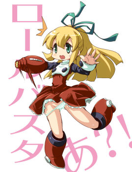 1girl android arm_cannon armored_boots blonde_hair blush boots cameltoe capcom dress green_eyes green_ribbon hair_ribbon high_ponytail hirowa_nagi loli long_hair long_sleeves mega_man_(classic) mega_man_(series) open_mouth panties panty_pull ponytail red_boots red_dress ribbon robot roll_(mega_man) standing standing_on_one_leg surprised sweat underwear weapon white_background white_panties wind wind_lift