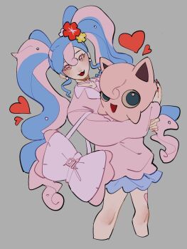 1girl :3 :d bag blue_hair blue_skirt choker colored_eyelashes cropped_legs earrings fairy_miku_(project_voltage) fingernails flower gen_1_pokemon grey_background hair_flower hair_ornament handbag hatsune_miku heart heart_choker highres holding holding_pokemon jewelry jigglypuff light_blush long_fingernails long_hair looking_at_viewer mei_(manjunii) multicolored_hair nail_polish nintendo open_mouth pink_bag pink_choker pink_hair pink_sweater pokemon pokemon_(creature) project_voltage red_flower red_nails simple_background skirt smile solo sphere_earrings sticker_on_leg sweater twintails two-tone_hair vocaloid yellow_flower