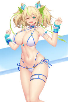 1girl :d aqua_eyes asamura_hiori bikini blonde_hair blush bracer breasts cleavage commentary_request gene_(pso2) hair_between_eyes hair_ornament hair_ribbon highres large_breasts medium_hair navel one_eye_closed open_mouth phantasy_star phantasy_star_online_2 ribbon smile solo standing swimsuit thigh_strap white_background