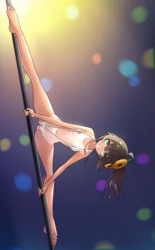 1girl ahoge areola_slip bare_arms bare_hips bare_legs bare_shoulders barefoot blue_background blue_eyes breasts brown_hair cleft_of_venus collarbone feet female_focus flower flower_on_head frontal_wedgie full_body ginto gluteal_fold grin groin hair_flower hair_ornament head_tilt highres hololive knees legs legs_apart long_hair looking_at_viewer midriff narrow_waist natsuiro_matsuri navel nipple_slip nipples parted_lips partially_visible_vulva petite pole pole_dancing ponytail simple_background slingshot_swimsuit small_breasts smile smiley_face solo spread_legs stomach swimsuit tan tanline thighs tilted_head toes virtual_youtuber wedgie