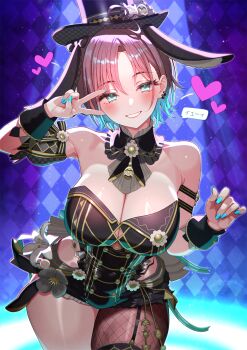 Rule 34 | 1girl, ahoge, animal ears, aqua hair, argyle background, arm garter, armpit crease, asakura toru, black hat, black leotard, black shoes, blush, boater hat, breasts, cleavage, commentary request, commission, fake animal ears, fingernails, fishnet pantyhose, fishnets, gradient hair, hair through headwear, hat, heart, highres, idolmaster, idolmaster shiny colors, large breasts, leotard, looking at viewer, multicolored hair, nail polish, pantyhose, purple hair, rabbit ears, shizuru (daikoukaizidai), shoes, short hair, single leg pantyhose, skeb commission, smile, solo, thighs, v