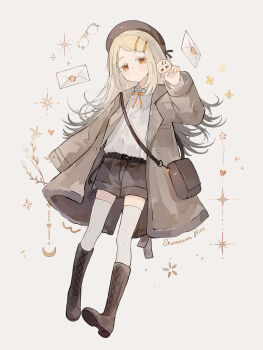 1girl absurdres beret blonde_hair boots brown_boots brown_hat brown_jacket brown_shorts character_doll character_name chibigurumi colored_eyelashes commentary doll envelope full_body gakuen_idolmaster glasses gradient_hair grey_hair hat highres holding holding_doll idolmaster jacket knee_boots lace-up_boots light_smile long_hair looking_at_viewer multicolored_hair orange_eyes rope_belt shinosawa_hiro shirt shirt_tucked_in shoe_soles shorts solo sparkle thighhighs white_shirt white_thighhighs yuuneka