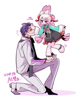 1boy 1girl :3 animal_ear_fluff animal_ears animal_feet closed_eyes damian_blackwood dress_shoes flying_sweatdrops formal_clothes furrowed_brow furry furry_female green_shirt hand_on_another's_face highres medallion mensang motion_lines o-ring_necktie on_one_knee pink_fur purple_hair rabbit_ears rabbit_girl red_shirt shirt short_eyebrows signature simple_background standing standing_on_another's_hand standing_on_one_leg suit thick_eyebrows white_background white_suit zenless_zone_zero zhao_(zenless_zone_zero)