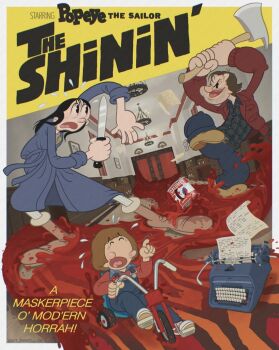 axe blood danny_torrance highres holding holding_axe jack_torrance knife official_art olive_oyl_(popeye) popeye popeye_the_sailor scared shota smile spinach swee&#039;pea the_shining toddler tricycle typewriter wendy_torrance