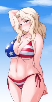 1girl alternate_breast_size_(larger) american_flag american_flag_bikini american_flag_print arm_up bikini blonde_hair blue_eyes blue_sky blush breasts cleavage cloud collarbone commentary_request cowboy_shot curvy day flag_print flag_print_bikini girls_und_panzer hair_intakes highres huge_breasts kay_(girls_und_panzer) long_hair navel outdoors parted_lips print_bikini sky solo stomach swimsuit wet wide_hips yts_takana