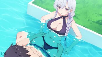 1boy 1girl absurdres aijou_rentarou bikini blue_bikini braid breasts cameltoe cleavage cleavage_cutout clothing_cutout eiai_nano faceless faceless_male grass hair_over_shoulder halterneck highres keihh kimi_no_koto_ga_dai_dai_dai_dai_daisuki_na_100-nin_no_kanojo long_hair looking_at_another medium_breasts midriff navel parted_lips partially_submerged pool poolside purple_hair red_eyes signature spread_legs swimsuit thighs topless_male torso_grab water wet
