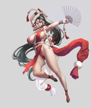 1girl absurdres areola_slip armpits bare_legs bare_shoulders black_hair bow breasts brown_eyes covered_erect_nipples fatal_fury folded_fan folding_fan full_body grey_background hand_fan high_ponytail highres holding holding_fan japanese_clothes jeneral kimono large_breasts long_hair looking_at_viewer midriff_peek mouth_hold ninja no_bra obi parted_bangs pelvic_curtain ponytail red_kimono revealing_clothes rope sash shiranui_mai sideboob simple_background sleeveless sleeveless_kimono snk socks solo the_king_of_fighters thighs very_long_hair waistband wristband