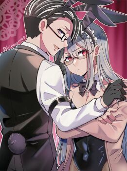 2boys :&lt; :d black_gloves black_leotard black_necktie black_vest covered_navel detached_collar double-parted_bangs earrings glasses gloves gotanda_yutaka grey_hair highres ichinose_kazuma jewelry kinococcos leotard long_hair looking_at_viewer looking_back male_focus male_playboy_bunny multicolored_hair multiple_boys necktie open_mouth purple_eyes short_hair smile strapless strapless_leotard streaked_hair tailcoat tribe_nine vest