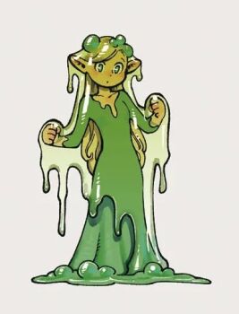 1girl :o aatom87 blonde_hair breasts commentary dress dungeon_meshi english_commentary full_body green_dress green_eyes hair_behind_ear long_dress long_hair marcille_donato pointy_ears slime_(substance) small_breasts solo