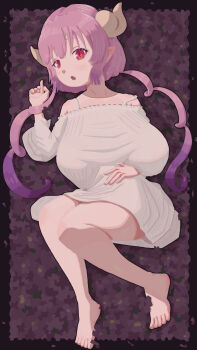 1girl absurdres barefoot breasts commentary dated_commentary dragon_horns dress drill_hair gradient_hair hand_on_own_hip highres horns huge_breasts ilulu_(maidragon) jordan_reine kobayashi-san_chi_no_maidragon long_sleeves lying multicolored_hair off-shoulder_dress off_shoulder on_back pink_hair pointy_ears puffy_long_sleeves puffy_sleeves purple_hair red_eyes shortstack slit_pupils solo twin_drills white_dress