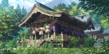 abandoned architecture artist_request cloud content_rating day dilapidated east_asian_architecture forest game_cg hakurei_shrine highres mountain nature no_humans outdoors overgrown rope ruins scenery shimenawa shrine stairs sunlight third-party_source touhou touhou_lostword tree