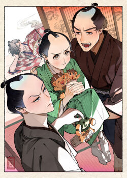 3others 4boys :d barefoot black_hair blue_eyes brown_eyes byoubunozoki carrying carrying_person chonmage countdown_illustration folding_fan green_kimono hand_fan highres ichitarou_(shabake) japanese_clothes kimono lipstick lying makeup male_focus multiple_boys multiple_others nikichi_(shabake) official_art on_side open_mouth own_hands_together pout sasuke_(shabake) shabake smile socks sweatdrop tatami topknot white_socks yanari_(shabake)