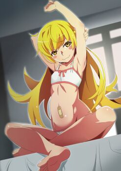 1girl armpits arms_up bandaid_on_stomach bedroom blonde_hair blush bra commentary_request feet gesugesu_ahoaho highres indian_style long_hair looking_at_viewer monogatari_(series) on_bed oshino_shinobu panties sitting solo stretching underwear white_bra white_panties window yellow_eyes
