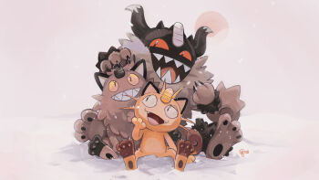 claws coin commentary edtropolis english_commentary evolutionary_line fangs galarian_form galarian_meowth gen_1_pokemon gen_8_pokemon gold highres horns koban_(gold) meowth nintendo no_humans open_mouth perrserker pokemon pokemon_(creature) pokemon_focus sharp_teeth sitting smile snow teeth