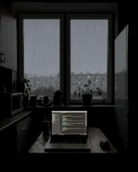 aleha_84 animated city computer highres laptop looping_animation microwave no_humans original pixel_art plant potted_plant rain refrigerator tagme video window