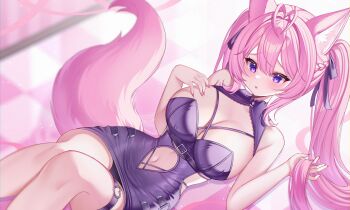 1girl absurdres animal_ears antenna_hair bare_arms black_dress black_panties black_ribbon blurry blurry_background braid breasts checkered_floor cleavage cleavage_cutout clothing_cutout commentary demcheg double-parted_bangs dress dutch_angle hair_between_eyes hair_ribbon hakui_koyori hakui_koyori_(dark_maid) half_up_braid hands_up heart heart_o-ring highres hololive knees_together_feet_apart large_breasts long_hair looking_at_viewer navel navel_cutout o-ring o-ring_thigh_strap official_alternate_costume official_alternate_hairstyle open_mouth panties panty_peek pink_hair pink_tail purple_eyes ribbon short_dress sleeveless sleeveless_dress solo symbol-only_commentary tail thigh_strap twintails underwear very_long_hair virtual_youtuber wolf_ears wolf_girl wolf_tail