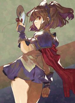 Rule 34 | 1girl, armor, blue armor, blue gloves, blue skirt, brown hair, cape, chest guard, closed mouth, clown mask, commentary, corset, cowboy shot, doppelganger arle, gloves, hand up, headpiece, holding, holding mask, looking at viewer, looking back, mask, miniskirt, narita imomushi, pauldrons, ponytail, puyopuyo, puyopuyo n, red cape, red eyes, shoulder armor, skirt, solo, standing, thighs, unworn mask, white corset