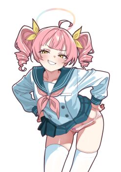 1girl ahoge amagami_eraa aqua_sailor_collar aqua_skirt blush bow bow_panties buttons center-flap_bangs clothes_lift collarbone commentary_request cowboy_shot double-breasted drill_hair grin hair_bow leaning_forward long_hair long_sleeves looking_at_viewer naughty_face neckerchief original panties pink_hair pink_neckerchief pink_panties pleated_skirt sailor_collar school_uniform serafuku shirt simple_background skirt skirt_lift smile solo standing thighhighs twin_drills twintails underwear v-shaped_eyebrows white_background white_shirt white_thighhighs yellow_bow yellow_eyes