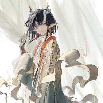 Rule 34 | 1girl, arknights, black hair, braid, chinese commentary, closed mouth, coat, colored extremities, commentary request, curtains, dragon girl, dragon horns, earrings, from side, hand up, hata bata, highres, horns, jewelry, jie (arknights), looking at viewer, pointy ears, shawl, short hair, single braid, tassel, tassel earrings
