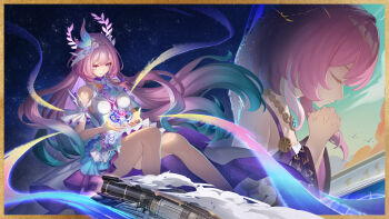 2girls absurdres aqua_hair astral_express_(honkai:_star_rail) bare_shoulders breasts coat commentary cyrene_(aedes_elysiae)_(honkai:_star_rail) cyrene_(honkai:_star_rail) cyrene_(ripples_of_past_reverie)_(honkai:_star_rail) dress dual_persona flower hair_flower hair_ornament halo highres honkai:_star_rail honkai_(series) long_hair medium_breasts multicolored_hair multiple_girls pointy_ears praying purple_coat purple_eyes short_hair sky star_(sky) starry_sky thighs two-tone_hair very_long_hair white_dress white_hair yu-cloud