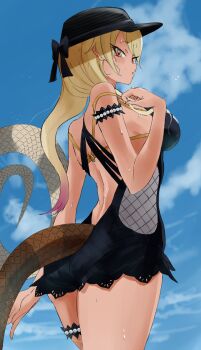 1girl arm_at_side armlet back bead_armlet beads blonde_hair breasts day from_side gaga_(gamerakero) hair_over_shoulder hand_up hat highres holding holding_own_hair jewelry kemono_friends kemono_friends_3 king_cobra_(kemono_friends) large_breasts long_hair long_tail median_furrow multicolored_hair orange_eyes outdoors parted_lips pink_hair snake_tail solo strap_slip swimsuit tail tan two-tone_hair wet wet_face wet_hair